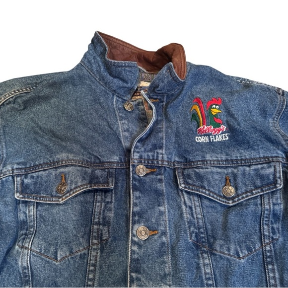 Vintage 90s Kellogg’s Corn Flakes Embroidered Denim Jacket Leather Collar Size S - Picture 6 of 11